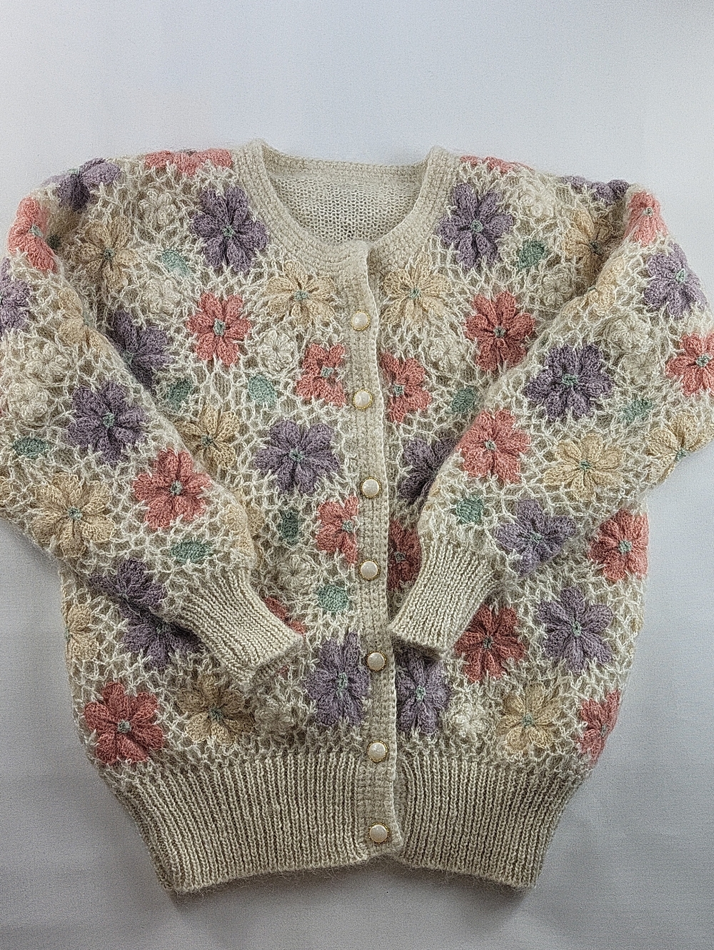 VTG 80s Floral Crochet Mohair Blend Knit Cardigan Sweater Pearl Buttons Pastel